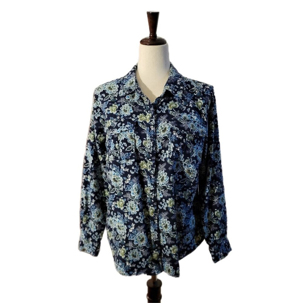 Joan Rivers Classic Collection Blue Floral Flannel Shirt Size S